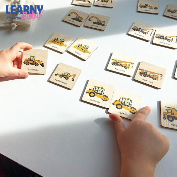 Montessori Wooden Construction Truck Memory Game, Vehicle Matching Puzzle, Early Cognitive & Memory Skills, Ages 2–5 FCLB06