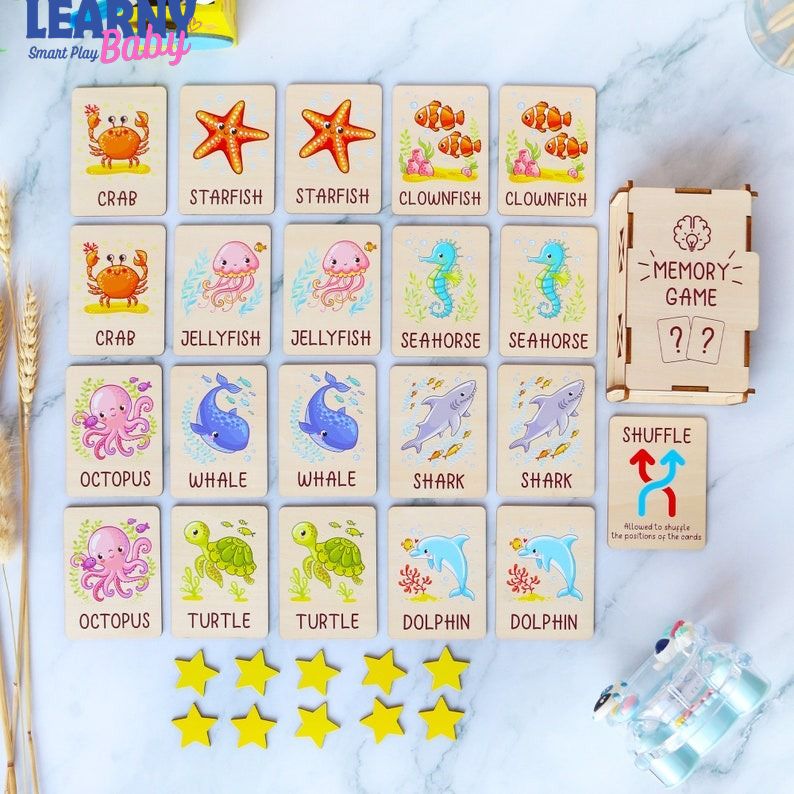 Ocean Animals Memory Game, Montessori Matching Cards with Wooden Box, Early Cognitive & Memory Skills, Ages 2–5 FCLB03