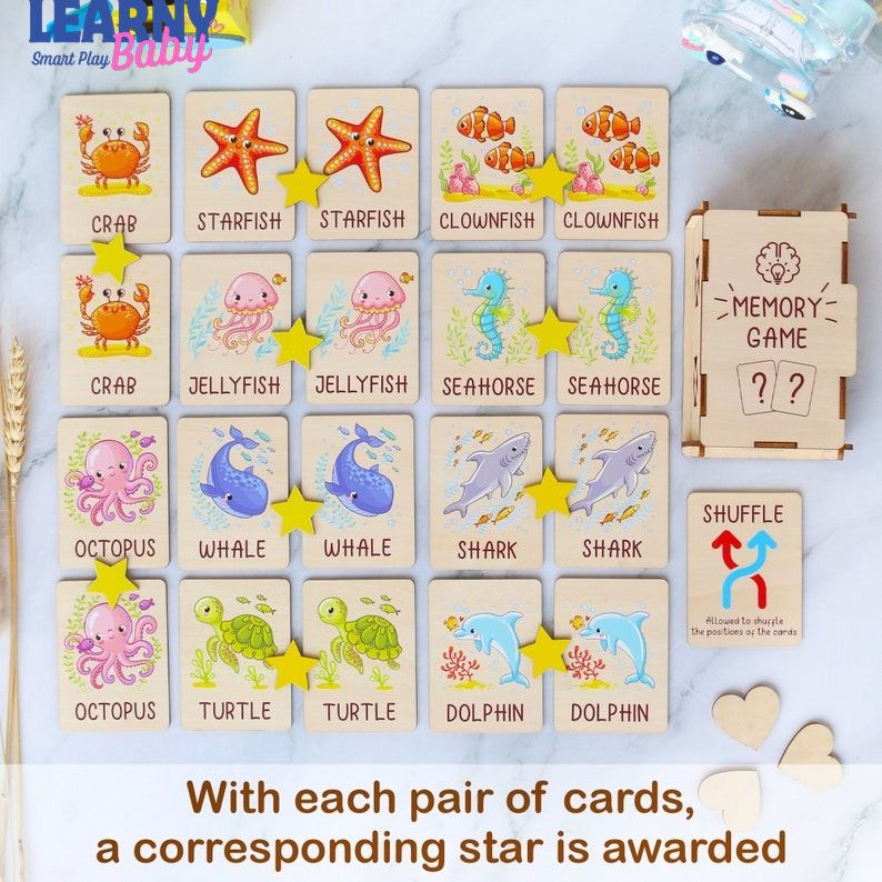 Ocean Animals Memory Game, Montessori Matching Cards with Wooden Box, Early Cognitive & Memory Skills, Ages 2–5 FCLB03