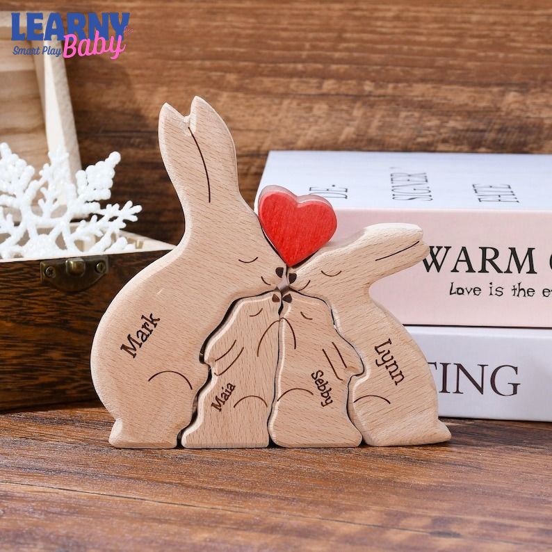 Easter Wooden Rabbits Family Puzzle, Bunny Family Name Ornament, Grandma Presents, Easter Gift for Kids and Parents, Wood Bunny Easter Decor