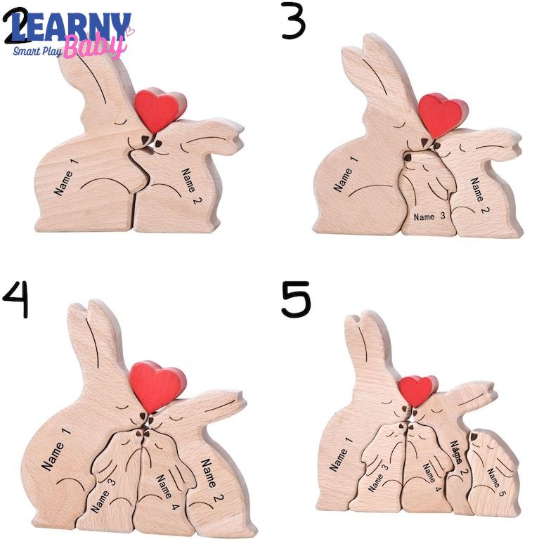 Easter Wooden Rabbits Family Puzzle, Bunny Family Name Ornament, Grandma Presents, Easter Gift for Kids and Parents, Wood Bunny Easter Decor