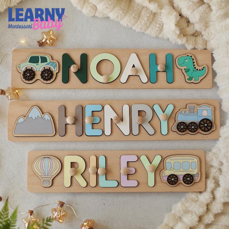 Wooden Name Puzzle, Baby 1st Birthday Gift, Personalized Baby Toy, First Christmas Gift for Toddlers BBLB26