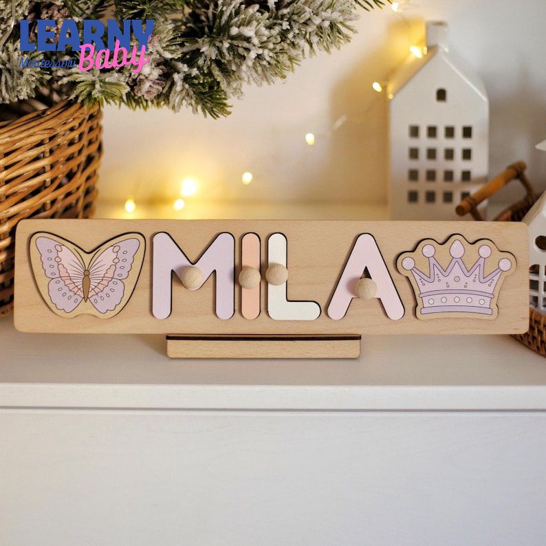 Wooden Name Puzzle, Baby 1st Birthday Gift, Personalized Baby Toy, First Christmas Gift for Toddlers BBLB26