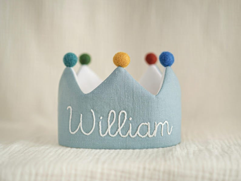 Hand Embroidered Linen Crown for Kids and Children's Birthdays, Personalized Gifts, Keepsake for First Birthday Party, Neutral Birthday