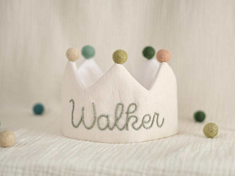Hand Embroidered Linen Crown for Kids and Children's Birthdays, Personalized Gifts, Keepsake for First Birthday Party, Neutral Birthday