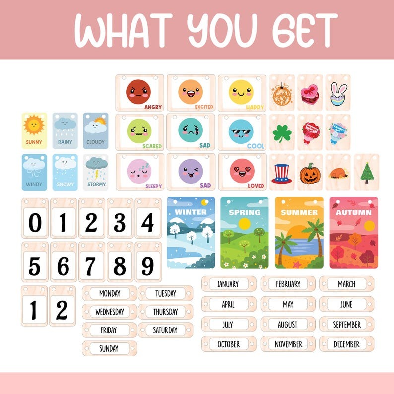 Montessori Wooden Perpetual Calendar for Kids, Learning Days Months Weather Board, Preschool Time Teaching Toy, Educational Classroom Decor