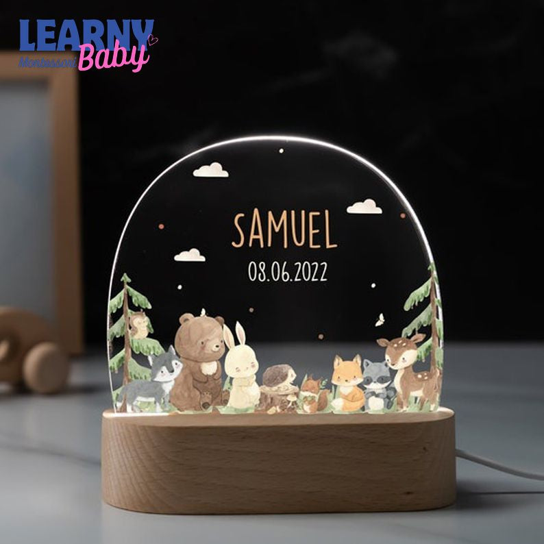Forest Animals Acrylic Night Light for Baby, Personalized Birth Gift, Christening Gift, Kids Room Bedside Lamp NL06
