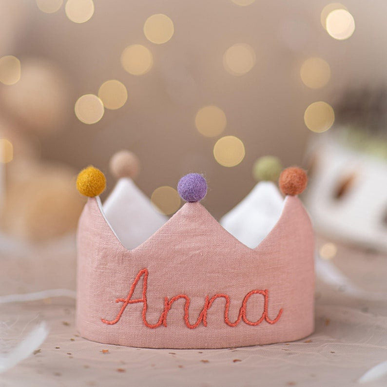 Hand Embroidered Linen Crown for Kids and Children's Birthdays, Personalized Gifts, Keepsake for First Birthday Party, Neutral Birthday