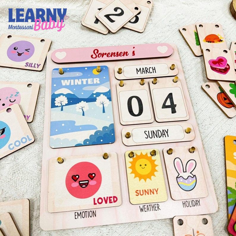 Montessori Wooden Perpetual Calendar for Kids, Learning Days Months Weather Board, Preschool Time Teaching Toy, Educational Classroom Decor