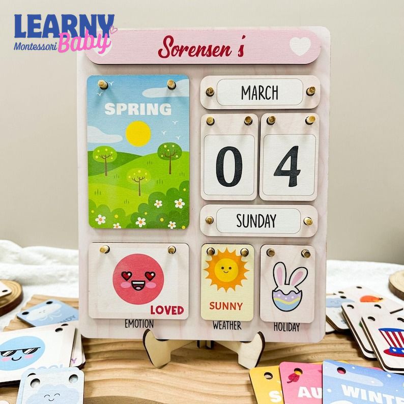 Montessori Wooden Perpetual Calendar for Kids, Learning Days Months Weather Board, Preschool Time Teaching Toy, Educational Classroom Decor