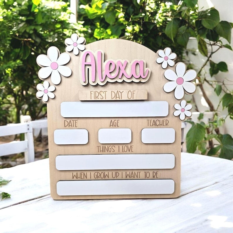 Personalized First Day of School Board, Daisy Name Sign, Photo Prop, Preschool Back To School Dry Erase Sign, 1st Day of School Board