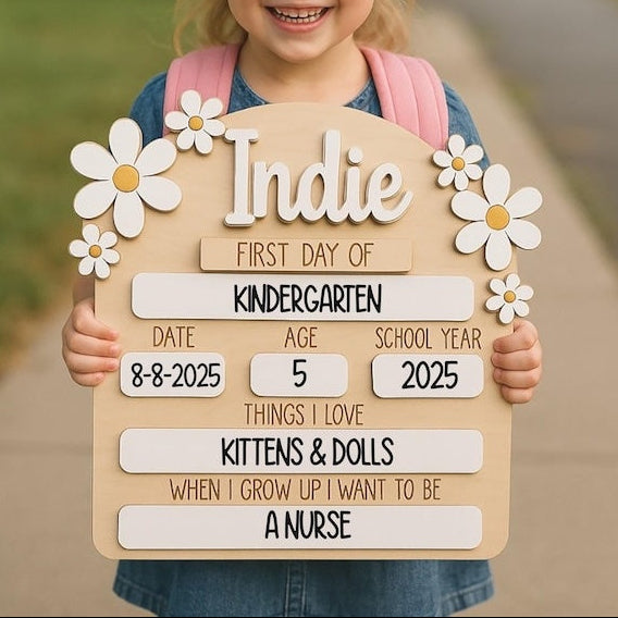 Personalized First Day of School Board, Daisy Name Sign, Photo Prop, Preschool Back To School Dry Erase Sign, 1st Day of School Board