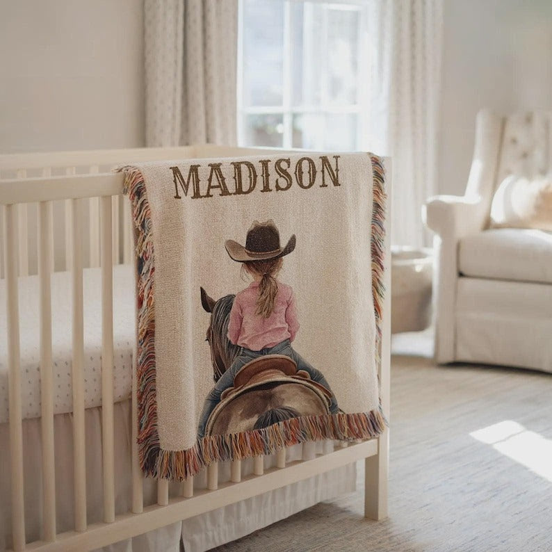 Personalized Cowboy Baby Blanket, Custom Western Nursery Throw with Name, Rustic Horseback Crib Quilt Country Baby Boy or Girl Keepsake Gift