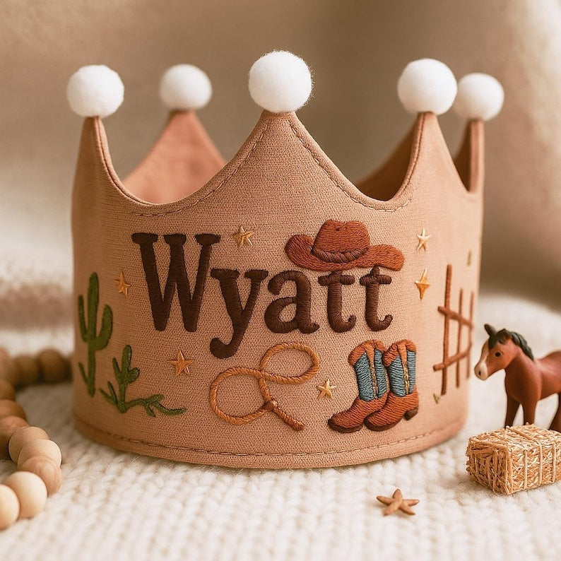 Cowboy Theme Personalized Crown, Embroidered Fabric Birthday Crown for Baby & Toddler, little cowboy gift, first birthday crown,