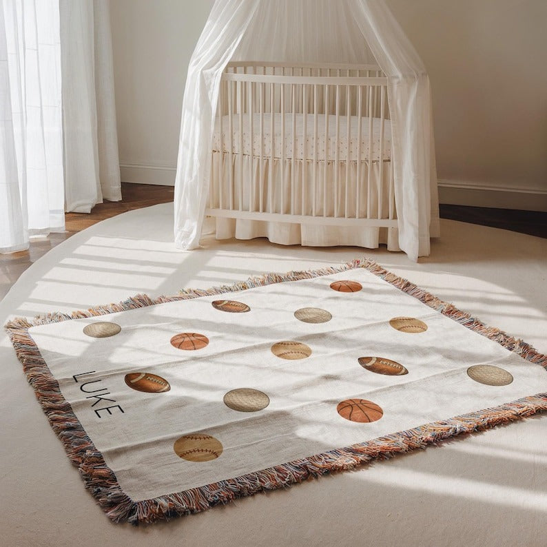 Personalized Sports Baby Blanket, Custom Name Baseball Basketball Football Golf Throw, Sports Lover Nursery Decor, Baby Shower Gift