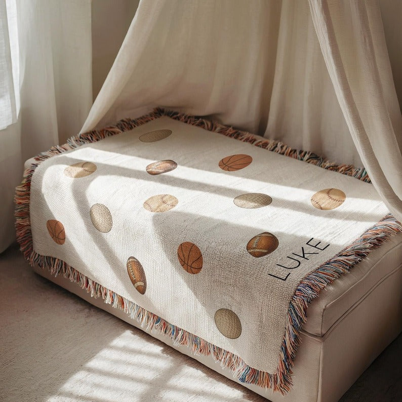 Personalized Sports Baby Blanket, Custom Name Baseball Basketball Football Golf Throw, Sports Lover Nursery Decor, Baby Shower Gift