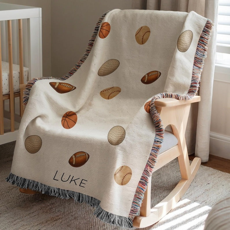 Personalized Sports Baby Blanket, Custom Name Baseball Basketball Football Golf Throw, Sports Lover Nursery Decor, Baby Shower Gift