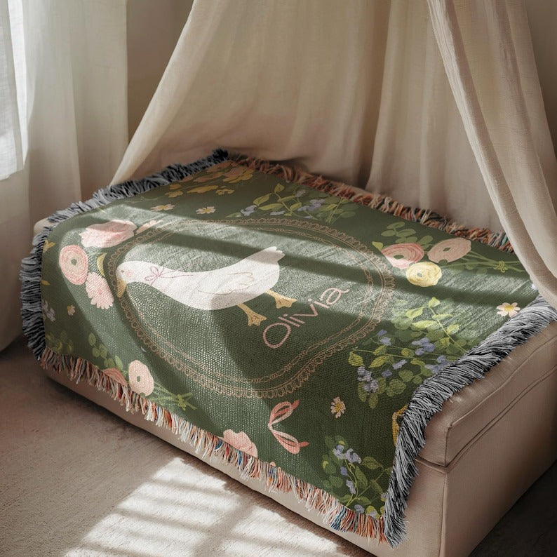 Personalized Floral Goose Baby Blanket, Baby Goose Woven Blanket, Goose Nursery Decor Custom Baby Blanket Floral Baby Shower Goose Baby Gift