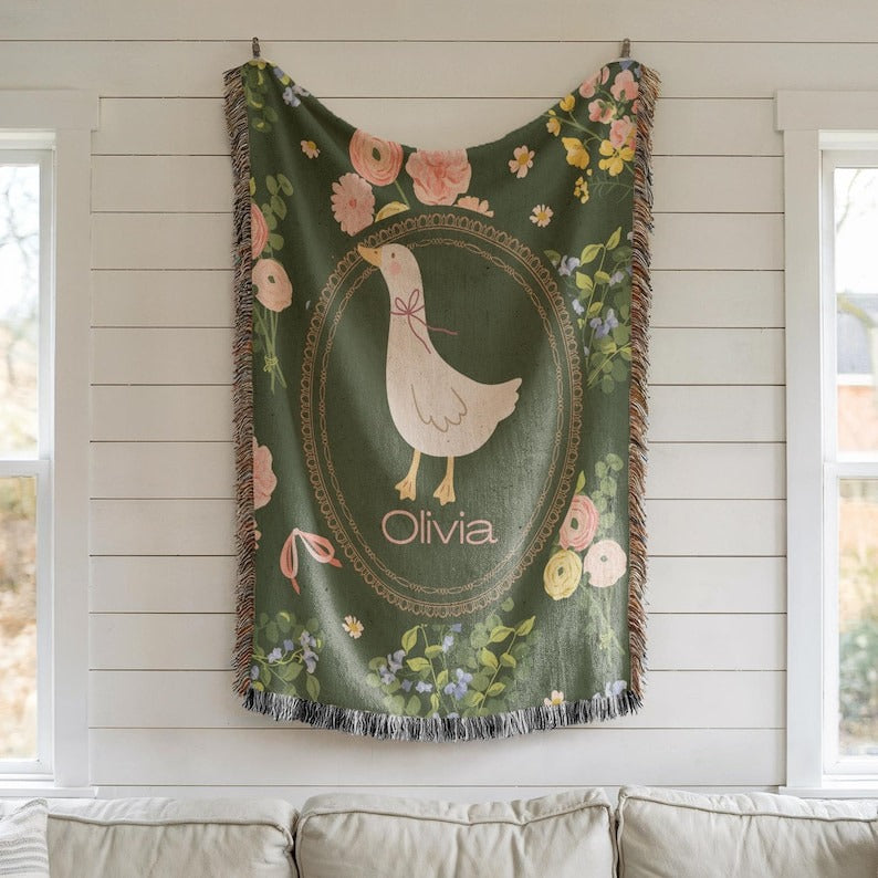 Personalized Floral Goose Baby Blanket, Baby Goose Woven Blanket, Goose Nursery Decor Custom Baby Blanket Floral Baby Shower Goose Baby Gift