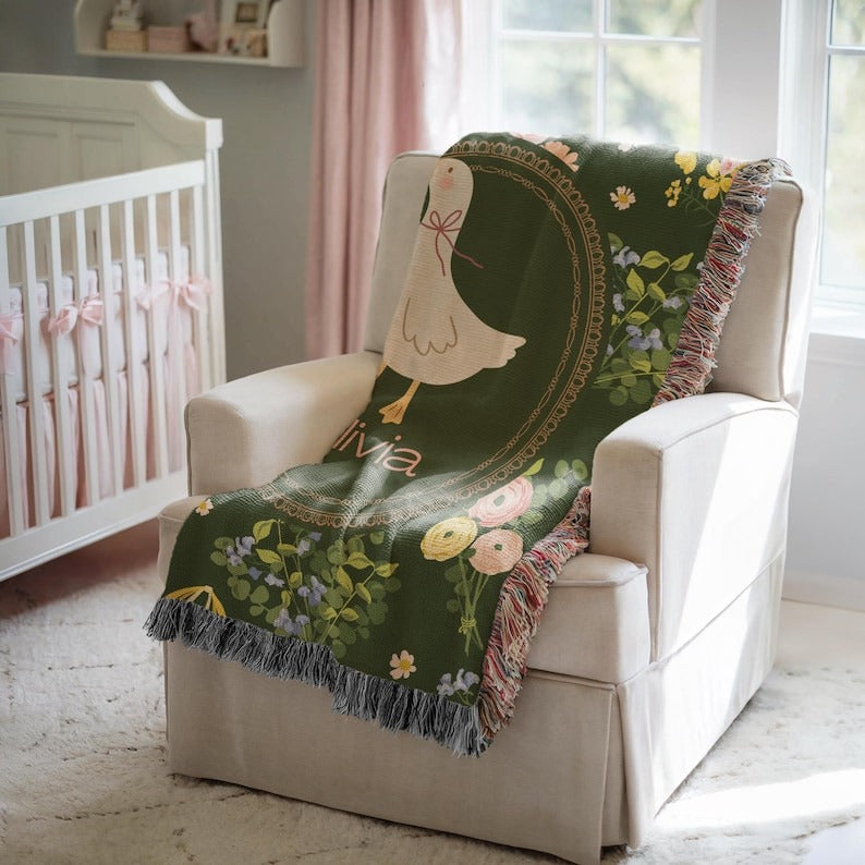 Personalized Floral Goose Baby Blanket, Baby Goose Woven Blanket, Goose Nursery Decor Custom Baby Blanket Floral Baby Shower Goose Baby Gift