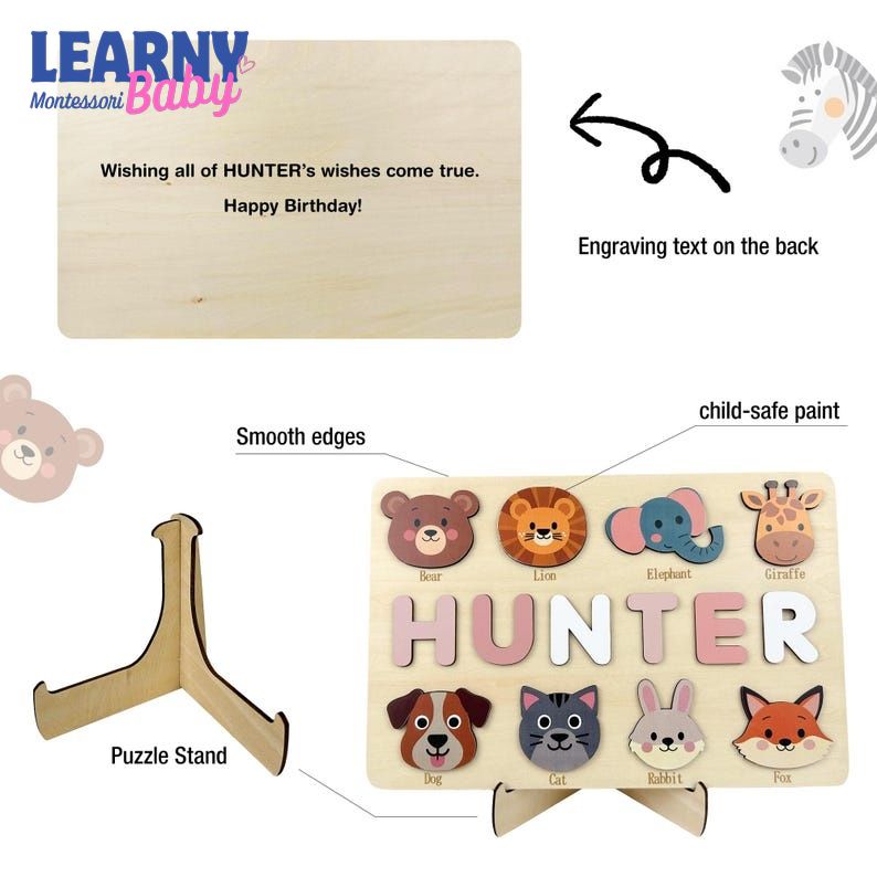 Personalized Wooden Name Puzzle: Toddler Baby Gift, Handmade Animal Toy, First Birthday Gift, Puzzles for Toddlers BBLB17