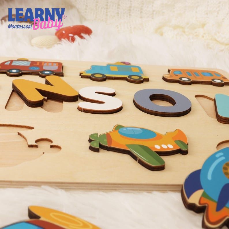 Personalized Wooden Name Puzzle with Cars, Trucks, Planes: Montessori Toy BBLB19
