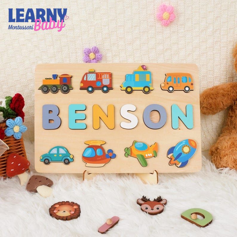Personalized Wooden Name Puzzle with Cars, Trucks, Planes: Montessori Toy BBLB19