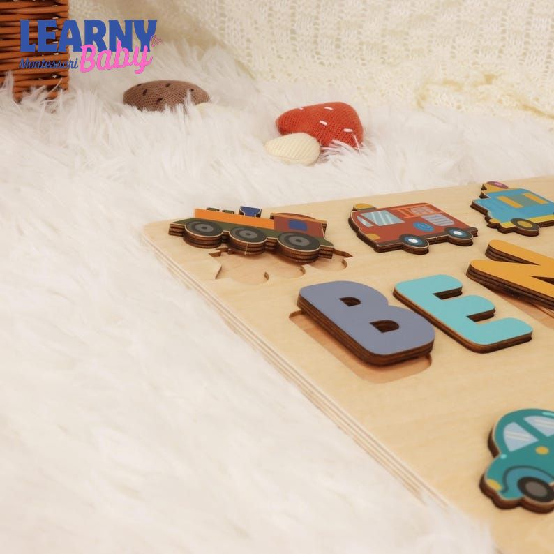 Personalized Wooden Name Puzzle with Cars, Trucks, Planes: Montessori Toy BBLB19