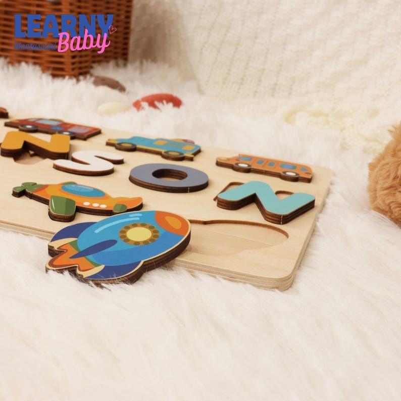 Personalized Wooden Name Puzzle with Cars, Trucks, Planes: Montessori Toy BBLB19