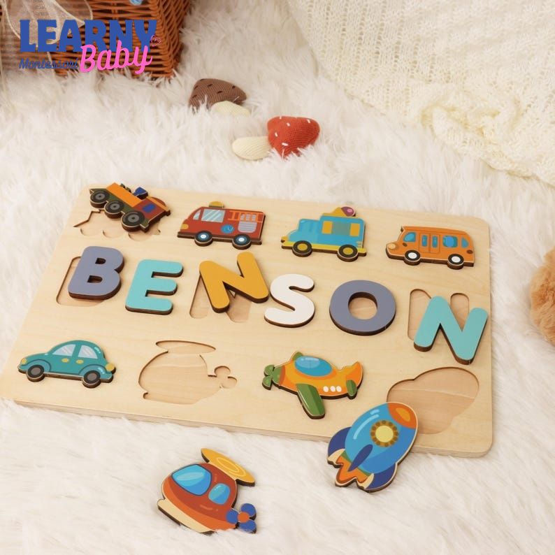 Personalized Wooden Name Puzzle with Cars, Trucks, Planes: Montessori Toy BBLB19
