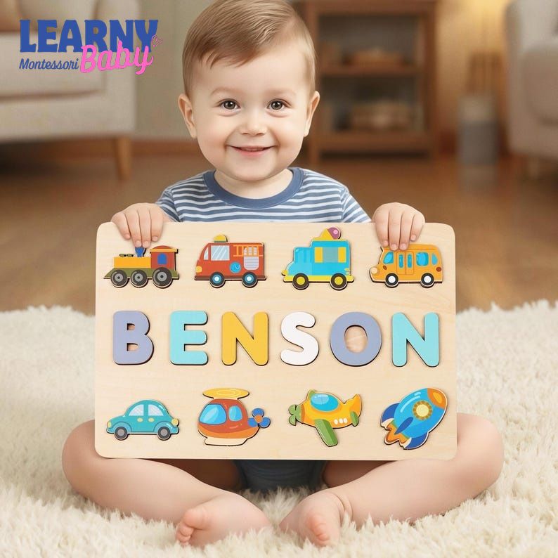Personalized Wooden Name Puzzle with Cars, Trucks, Planes: Montessori Toy BBLB19