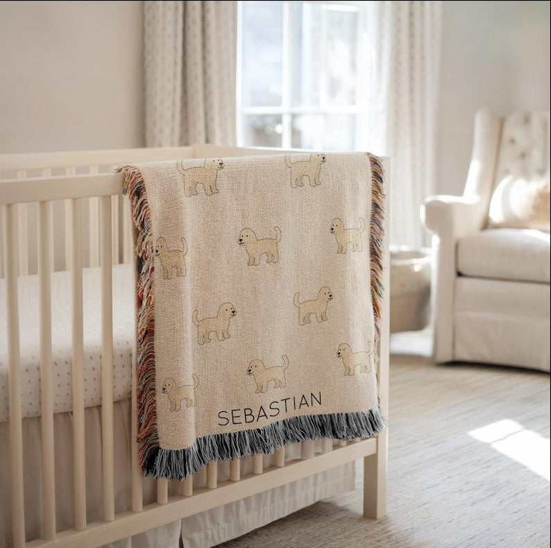 Personalized Goldendoodle Baby Blanket, Custom Name Dog Throw with Date, Puppy Lover Nursery Gift for Baby Boy Girl, Newborn Shower Present