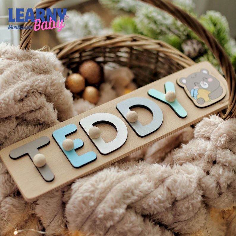 Wooden Name Puzzle, Baby 1st Birthday Gift, Personalized Baby Toy, First Christmas Gift for Toddlers BBLB26
