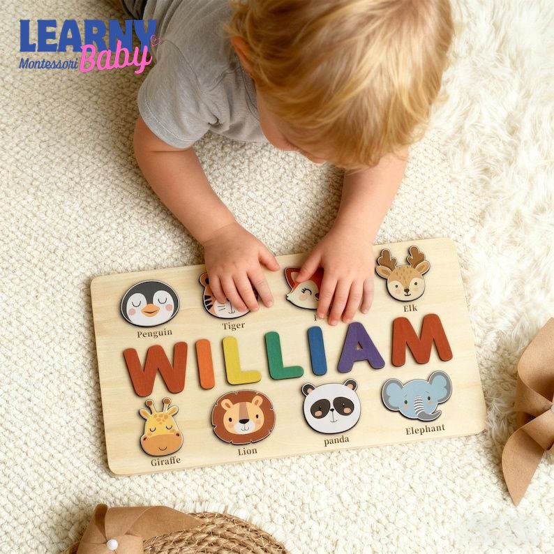 Personalized Wooden Name Puzzle, Handmade Name Puzzle with Animals, Christmas Gifts for Toddlers, First Birthday Gift, Wood Toy BBLB21