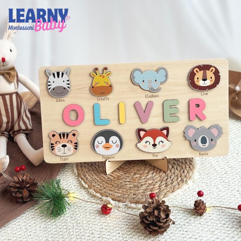Personalized Wooden Name Puzzle, Handmade Name Puzzle with Animals, Christmas Gifts for Toddlers, First Birthday Gift, Wood Toy BBLB21