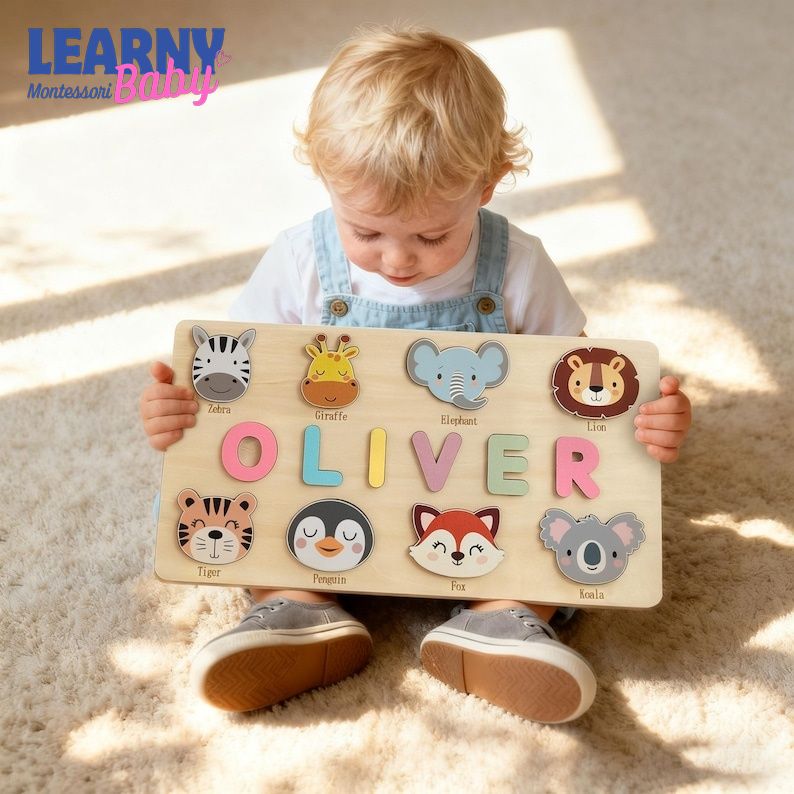 Personalized Wooden Name Puzzle, Handmade Name Puzzle with Animals, Christmas Gifts for Toddlers, First Birthday Gift, Wood Toy BBLB21