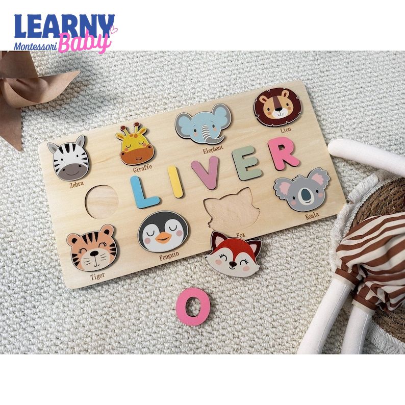 Personalized Wooden Name Puzzle, Handmade Name Puzzle with Animals, Christmas Gifts for Toddlers, First Birthday Gift, Wood Toy BBLB21