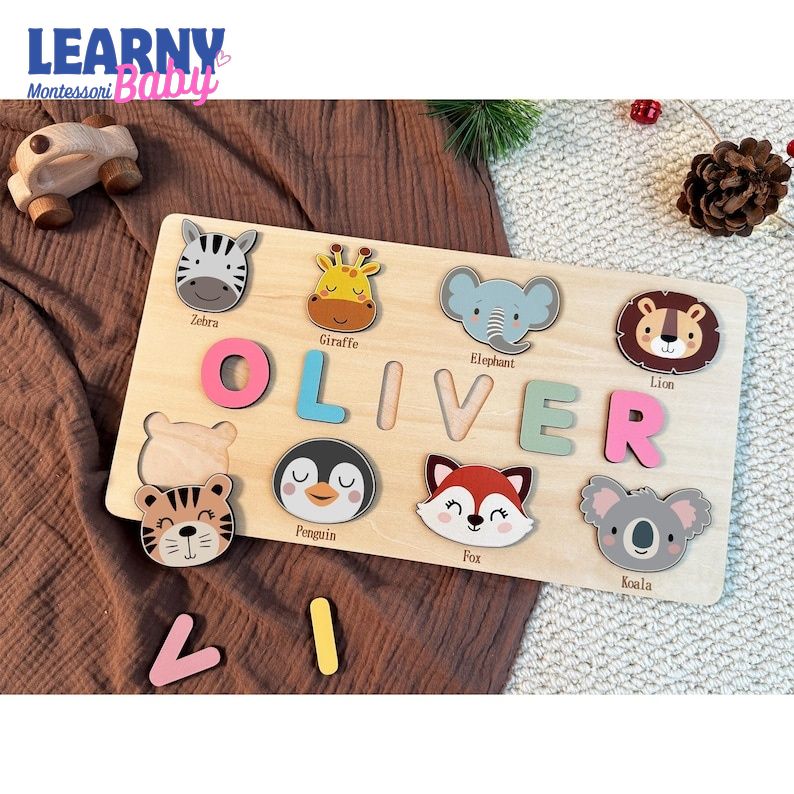 Personalized Wooden Name Puzzle, Handmade Name Puzzle with Animals, Christmas Gifts for Toddlers, First Birthday Gift, Wood Toy BBLB21