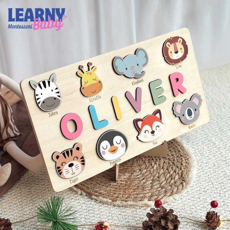 Personalized Wooden Name Puzzle, Handmade Name Puzzle with Animals, Christmas Gifts for Toddlers, First Birthday Gift, Wood Toy BBLB21