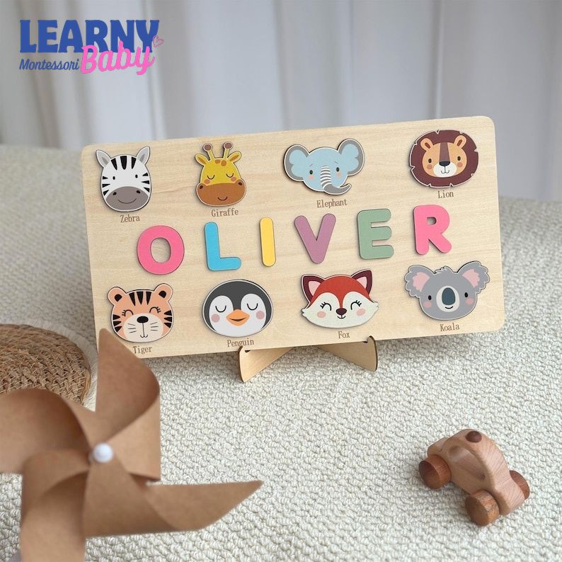 Personalized Wooden Name Puzzle, Handmade Name Puzzle with Animals, Christmas Gifts for Toddlers, First Birthday Gift, Wood Toy BBLB21