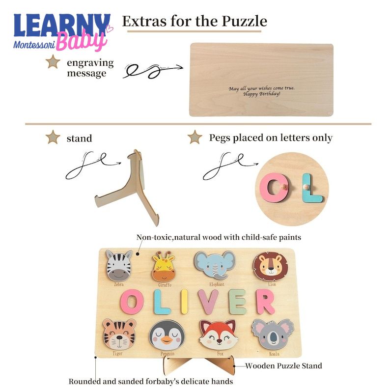 Personalized Wooden Name Puzzle, Handmade Name Puzzle with Animals, Christmas Gifts for Toddlers, First Birthday Gift, Wood Toy BBLB21