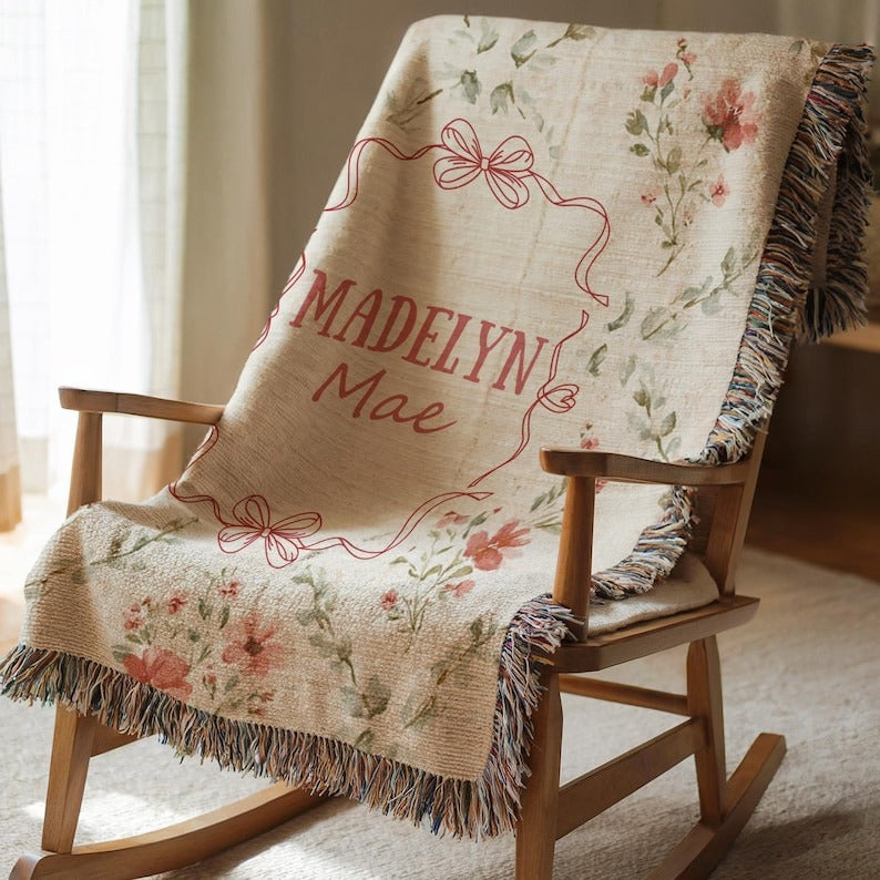 Personalized Floral Bow Baby Blanket Cotton Woven Blanket Girl Nursery Decor Custom Baby Blanket Floral Baby Shower Baby Gift