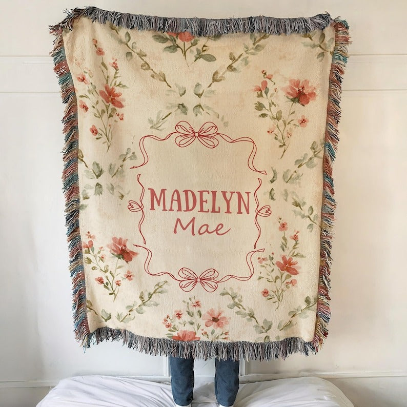 Personalized Floral Bow Baby Blanket Cotton Woven Blanket Girl Nursery Decor Custom Baby Blanket Floral Baby Shower Baby Gift