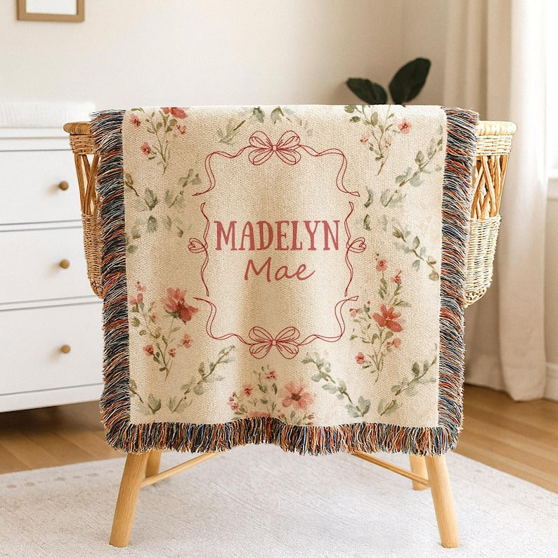 Personalized Floral Bow Baby Blanket Cotton Woven Blanket Girl Nursery Decor Custom Baby Blanket Floral Baby Shower Baby Gift