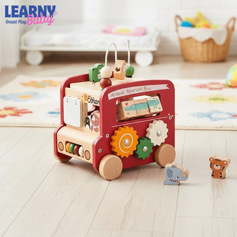 Montessori 5-in-1 Wooden Busy Box Toy for Babies 0–12 Months – Sensory & Early Learning Educational Gift