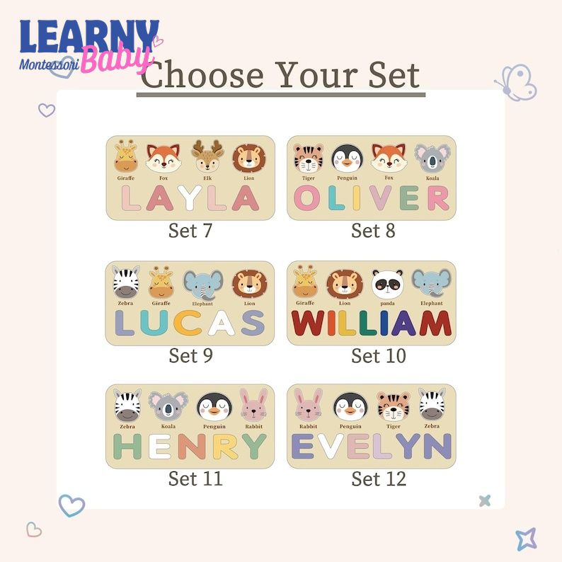 Personalized Wooden Name Puzzle, Handmade Name Puzzle with Animals, Christmas Gifts for Toddlers, First Birthday Gift, Wood Toy BBLB21