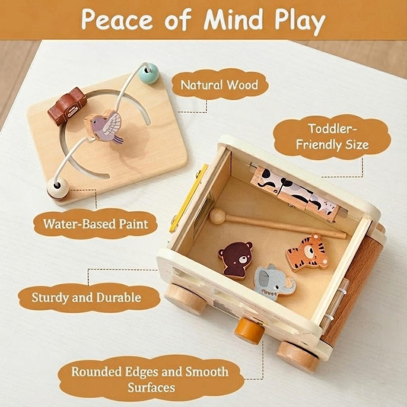 Montessori 5-in-1 Wooden Busy Box Toy for Babies 0–12 Months – Sensory & Early Learning Educational Gift