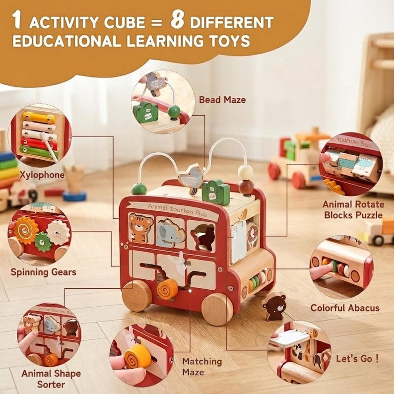 Montessori 5-in-1 Wooden Busy Box Toy for Babies 0–12 Months – Sensory & Early Learning Educational Gift