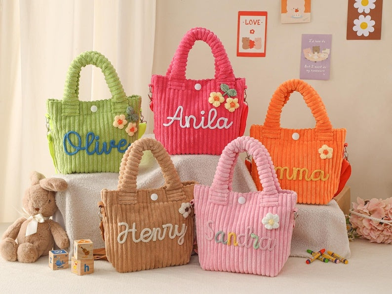 Personalized Corduroy Name Crossbody Bag, Toddler Purse, Corduroy Bucket Crossbody Bag, Baby Shower Gift, Toddler Girl Purse, Name Handbags