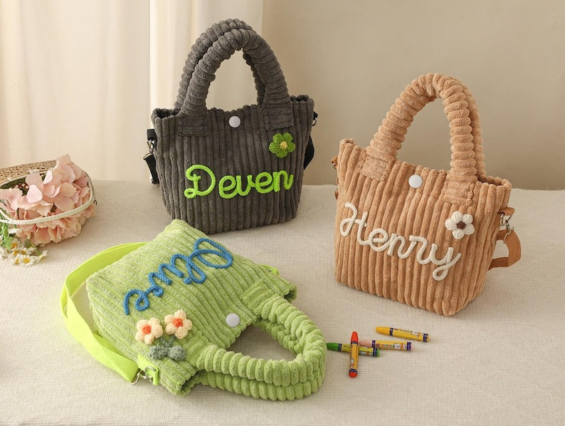 Personalized Corduroy Name Crossbody Bag, Toddler Purse, Corduroy Bucket Crossbody Bag, Baby Shower Gift, Toddler Girl Purse, Name Handbags